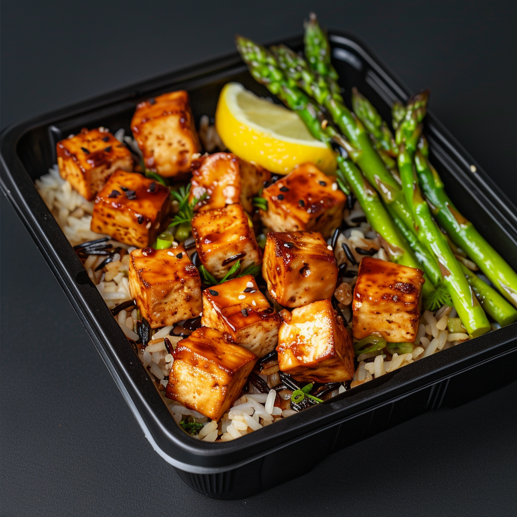 Lemon Teriyaki Tofu over Wild Rice and Asparagus