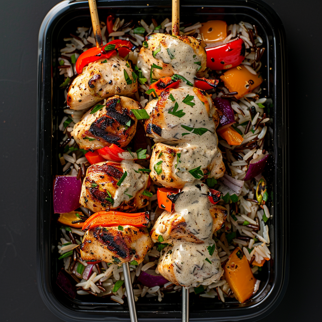 Roasted Chicken Kebab Bites over Wild Rice and Vegetables