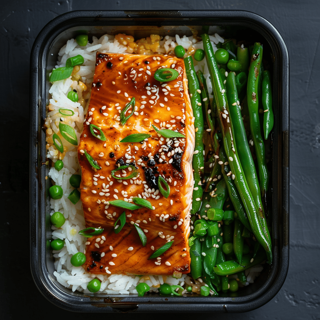 Sweet and Sour Glazed Salmon over Rice and Garlic Green Beans