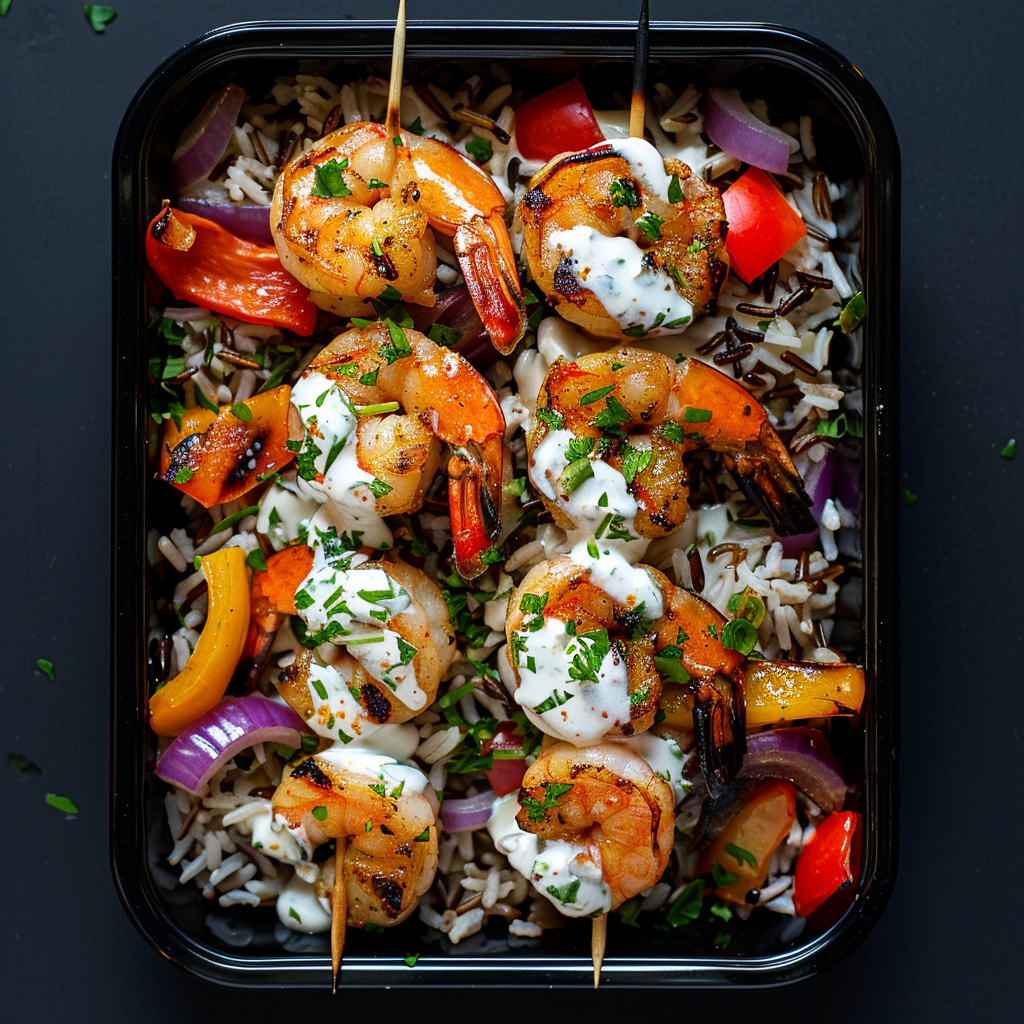 Roasted Shrimp Kebab over Wild Rice and Vegetables