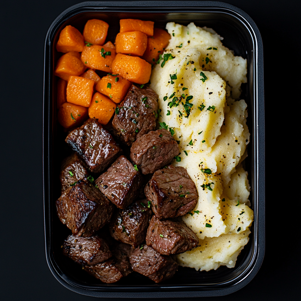 Garlic Steak Bites Paired with Red Skin Mashed Potatoes and Carrots