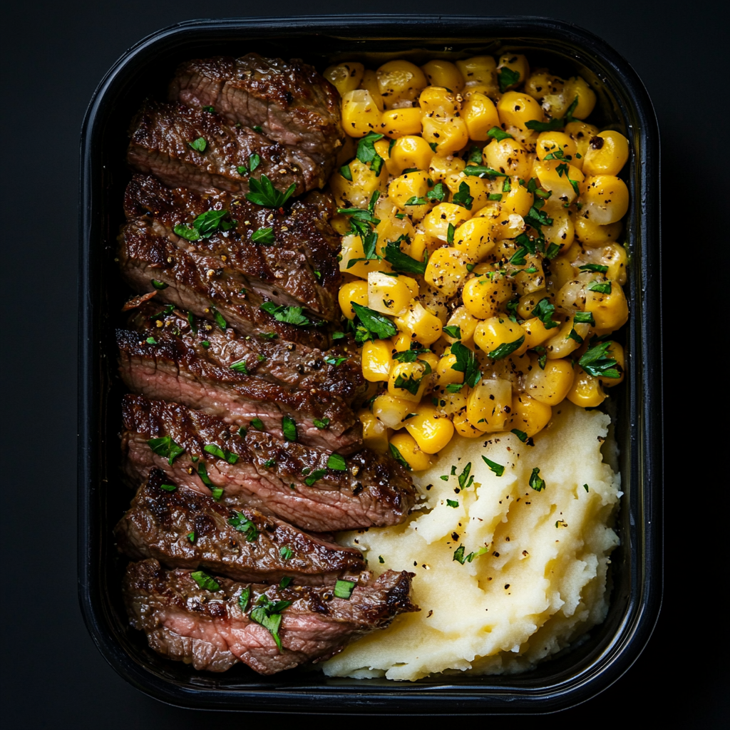 Rosemary Flank Steak Strips over Mashed Potatoes and Corn