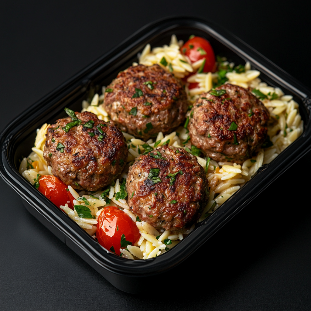 Ground Beef Meatballs over Lemon Garlic Orzo