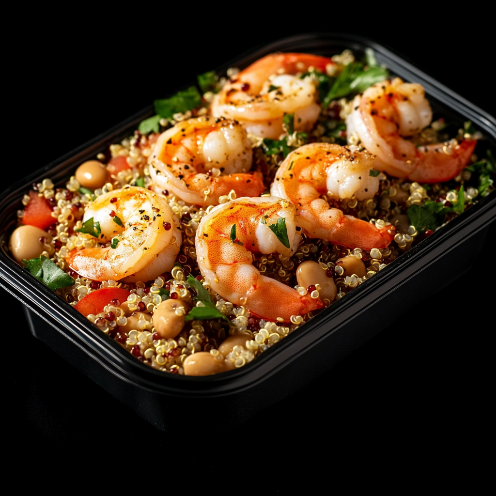 Harissa Shrimp over Quinoa and Butter Bean Salad