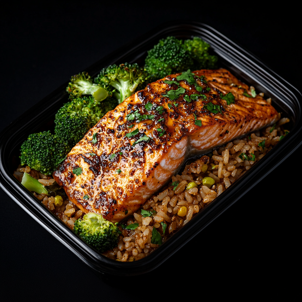 Honey Cajun Salmon over Jambalaya Rice Paired with Broccoli