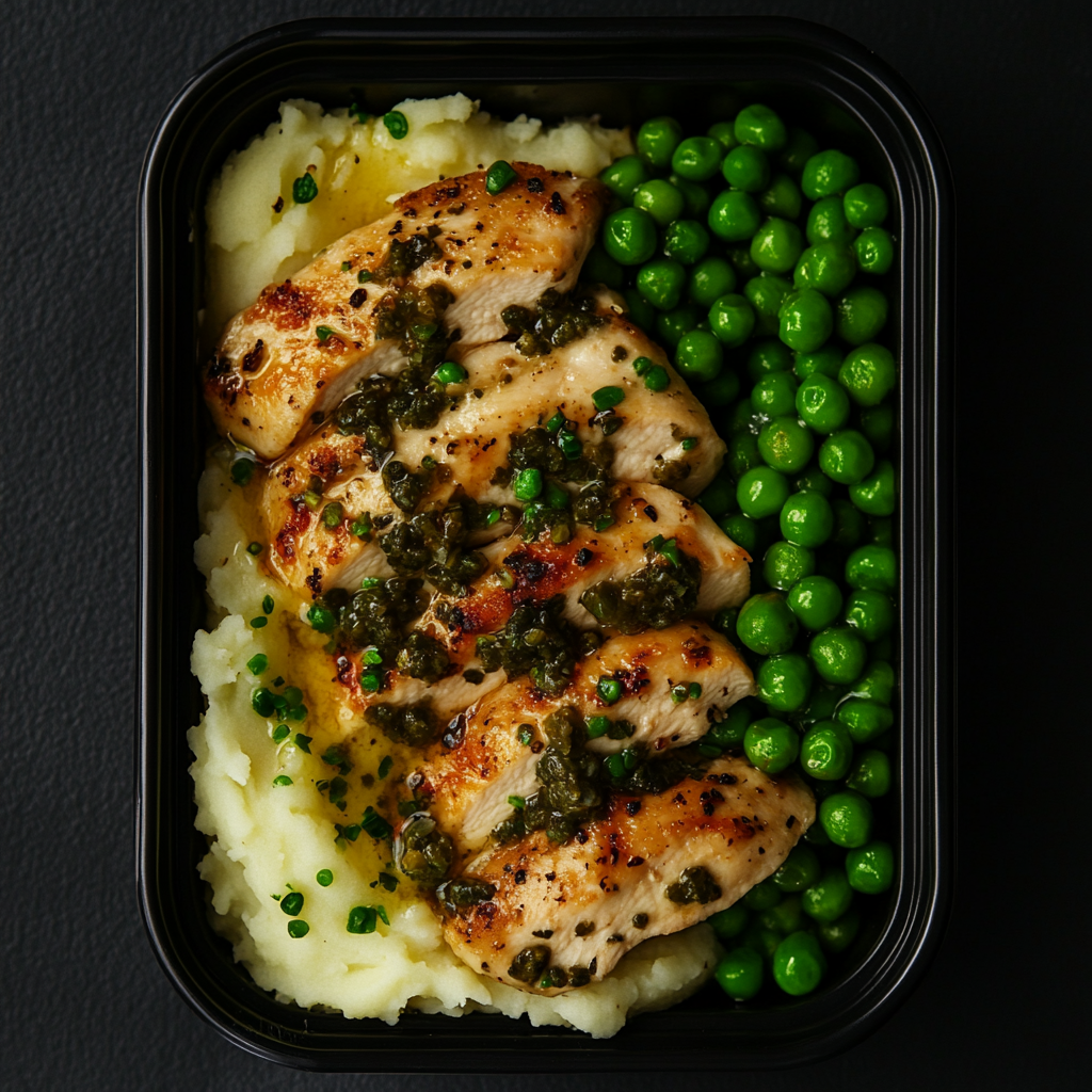 Lemon Capers Chicken over Mashed Potatoes and Peas
