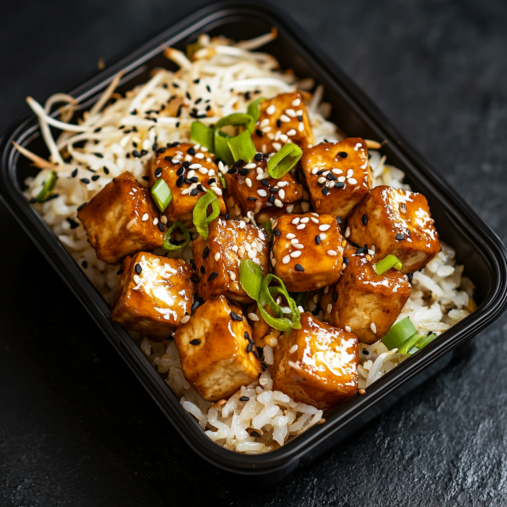Miso Tofu Bites over Coconut Rice and Bean Sprouts