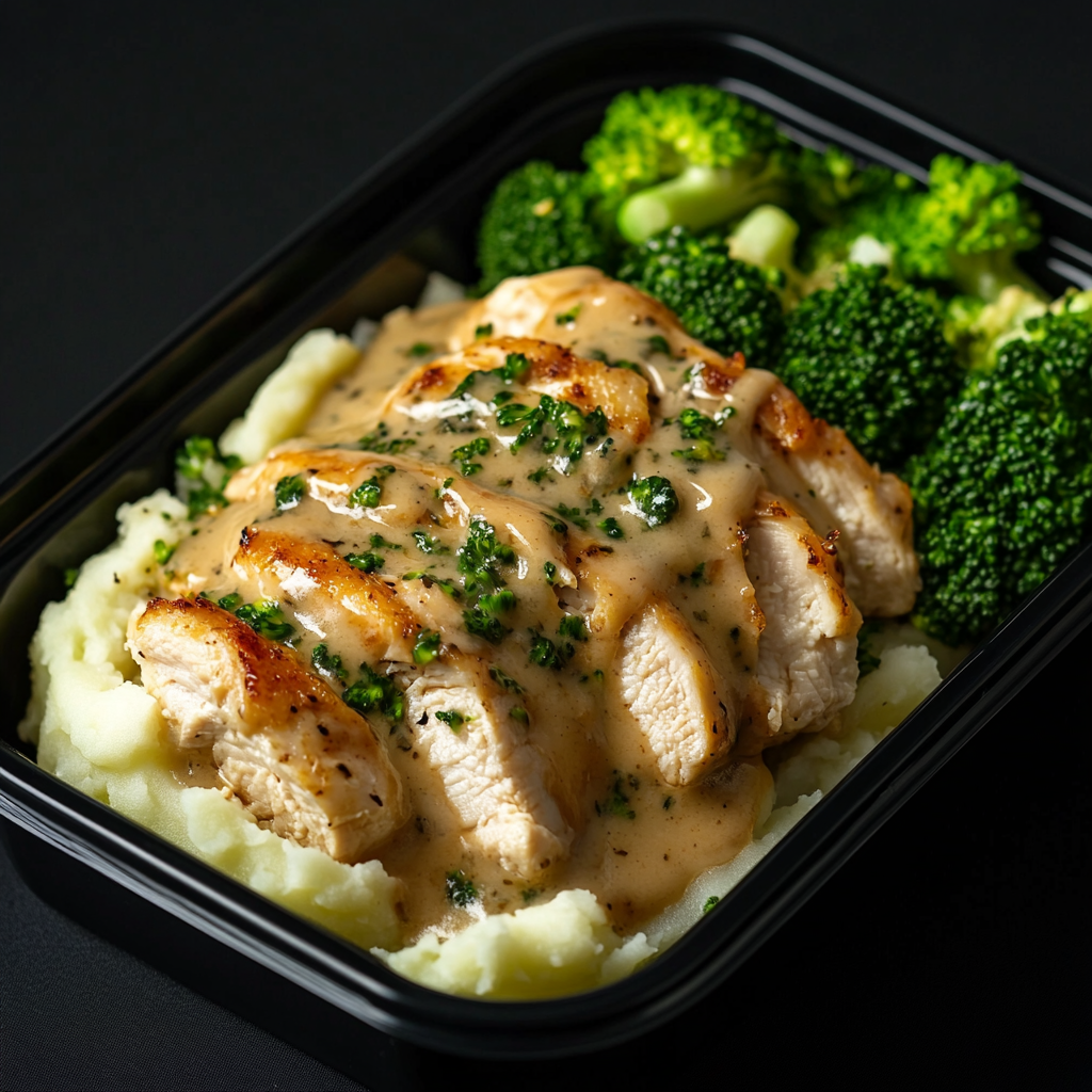 Creamy Chicken Scampi over Mashed Potatoes and Broccoli