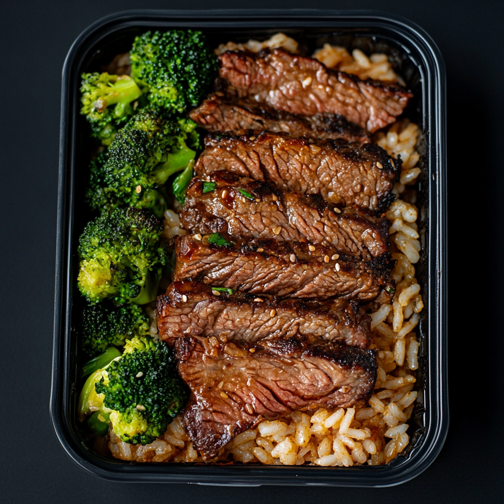 Smokey Flank Steak Strips over Jambalaya Rice and Broccoli