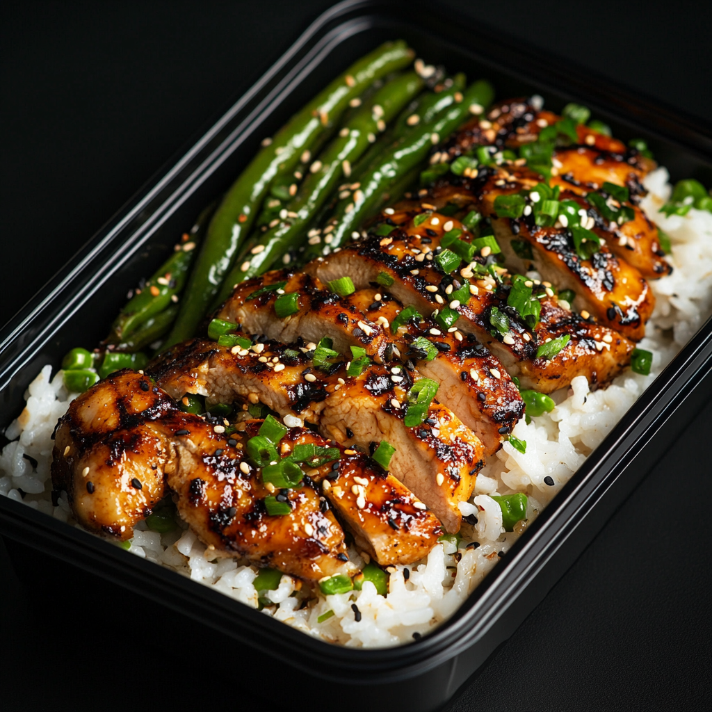 Sticky Garlic Umami Chicken over White Rice and Garlic Green Beans
