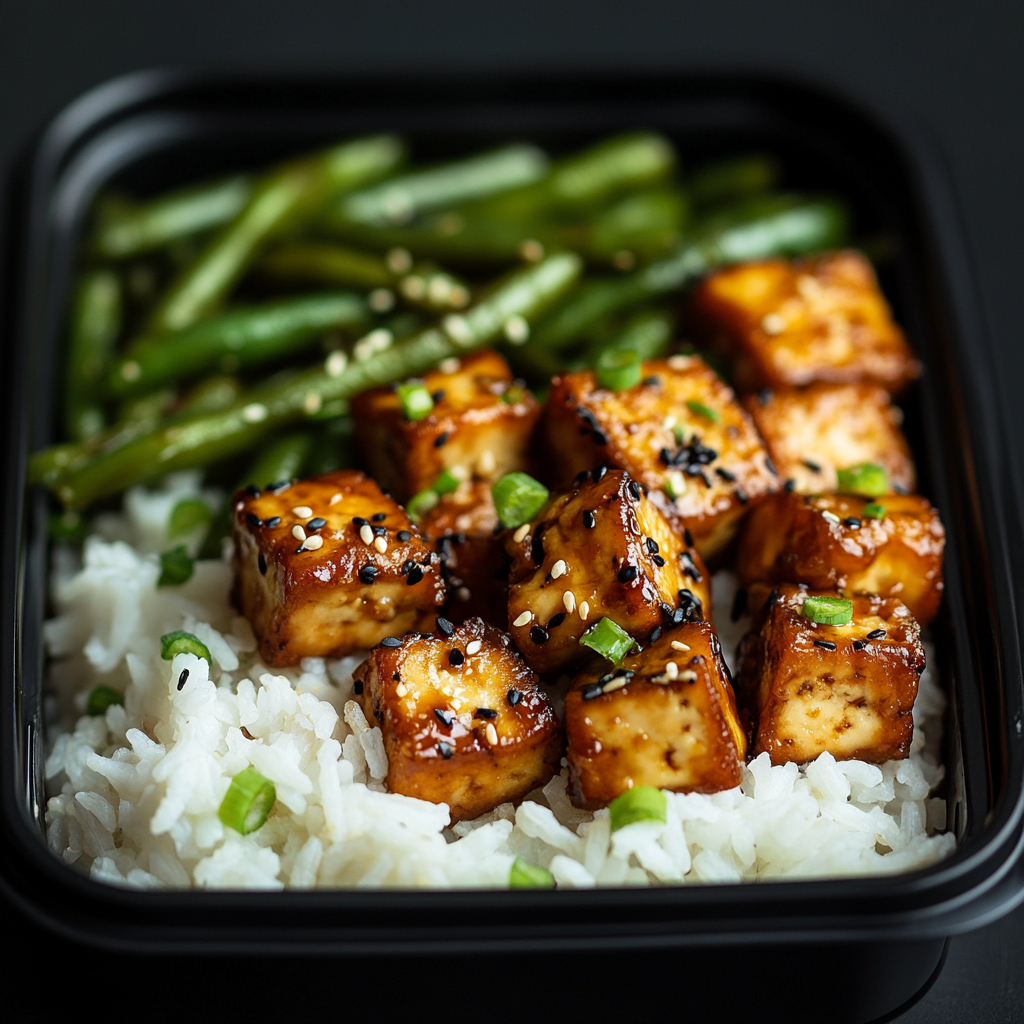 Sticky Garlic Umami Tofi over White Rice and Garlic Green Beans