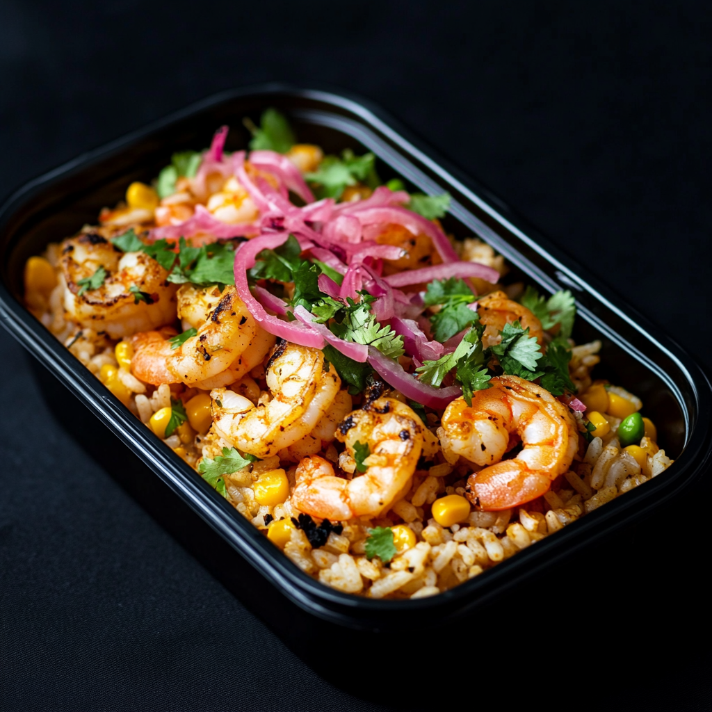 Zesty Cilantro Shrimp over Mexican Rice and Cheesy Corn