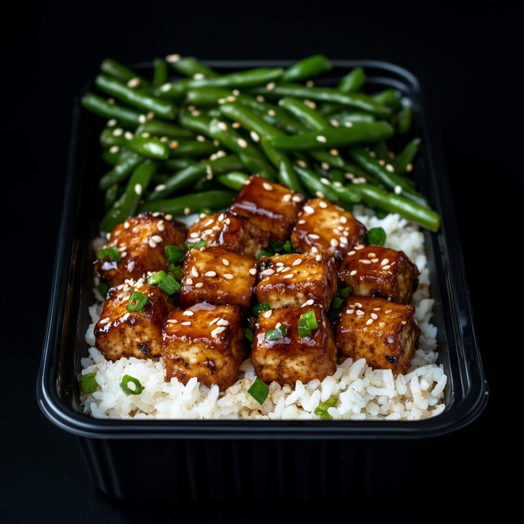 Teriyaki Tofu Bites over Coconut Rice and Garlic Green Beans