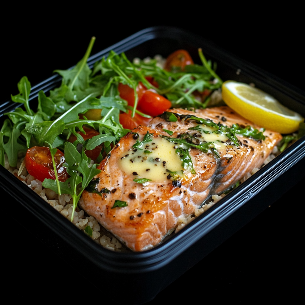 Baked Salmon with a Butter Lemon Cream Sauce over Couscous and Arugula Salad
