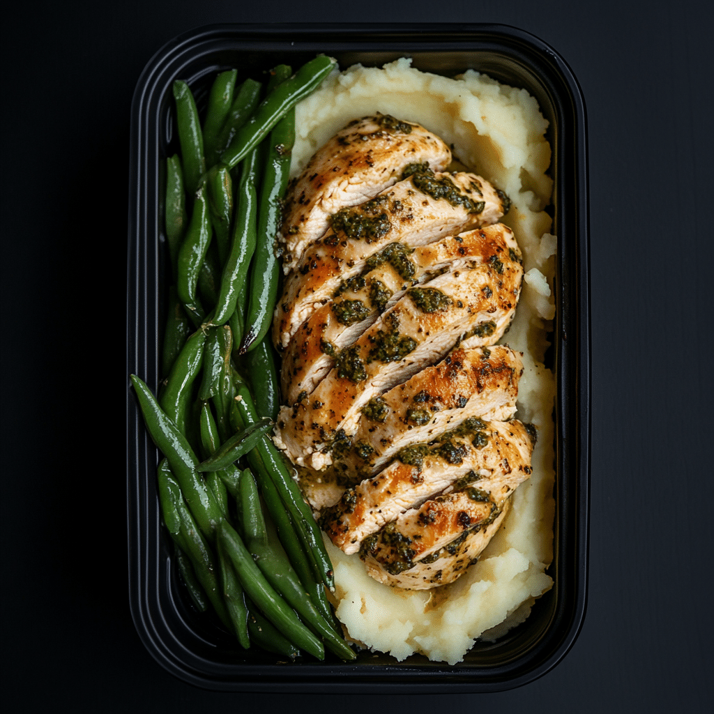 Pesto Chicken Breast over Mashed Potatoes and Green Beans