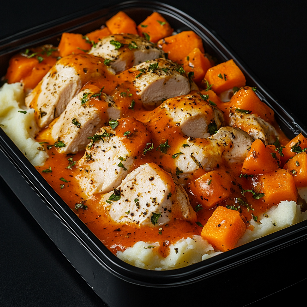 Tomato Goat Cheese Chicken breast over Mashed Potatoes and Carrots