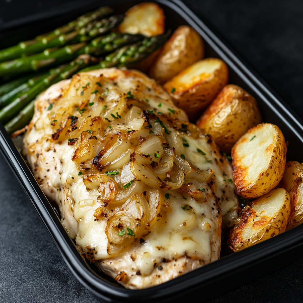 French Onion Chicken Breast over Roasted Potatoes and Asparagus