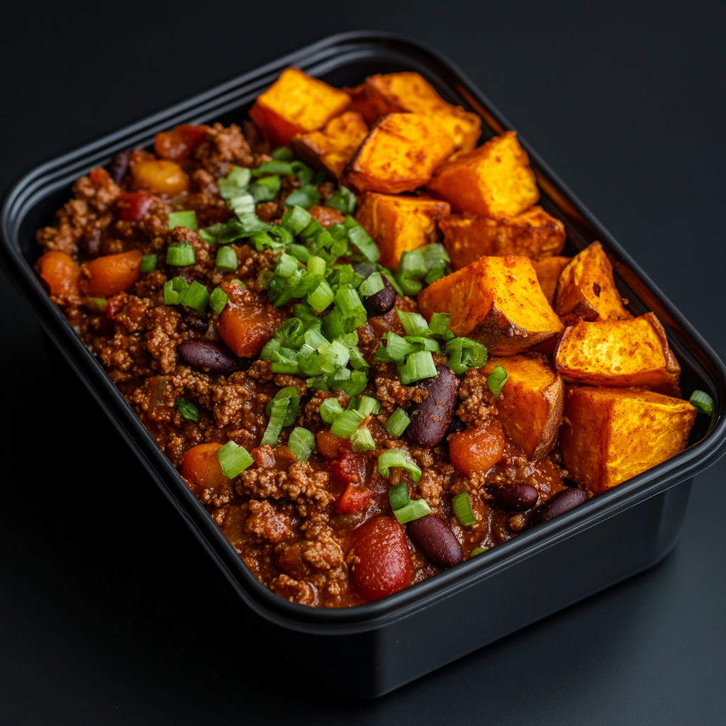 Ground Beef Chili Paired with Sweet Potatoes