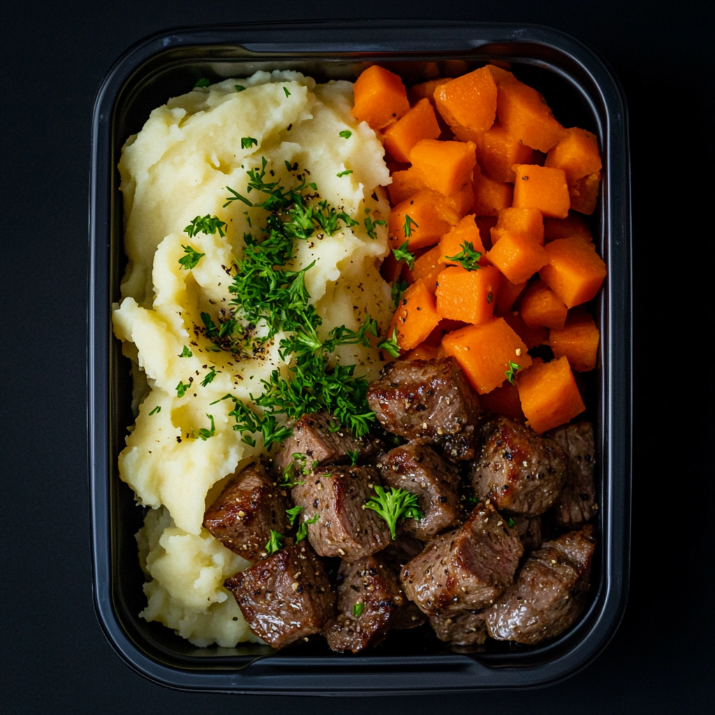 Lemon Pepper Steak Bites Paired with Mashed Potatoes and Carrots