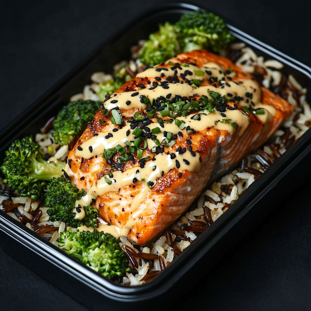 Sriracha Salmon over Wild Rice and Broccoli