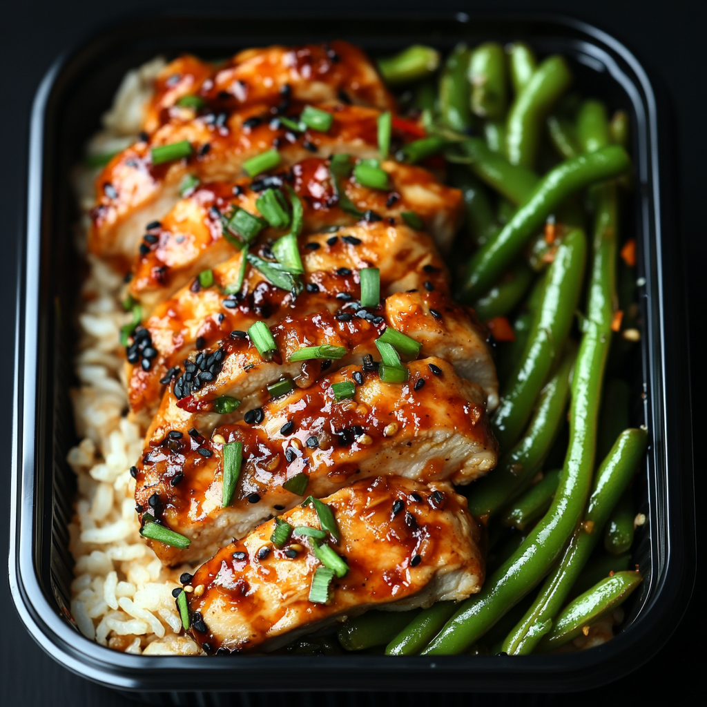 Thai Chili Chicken over Soy Rice and Garlic Green Beans