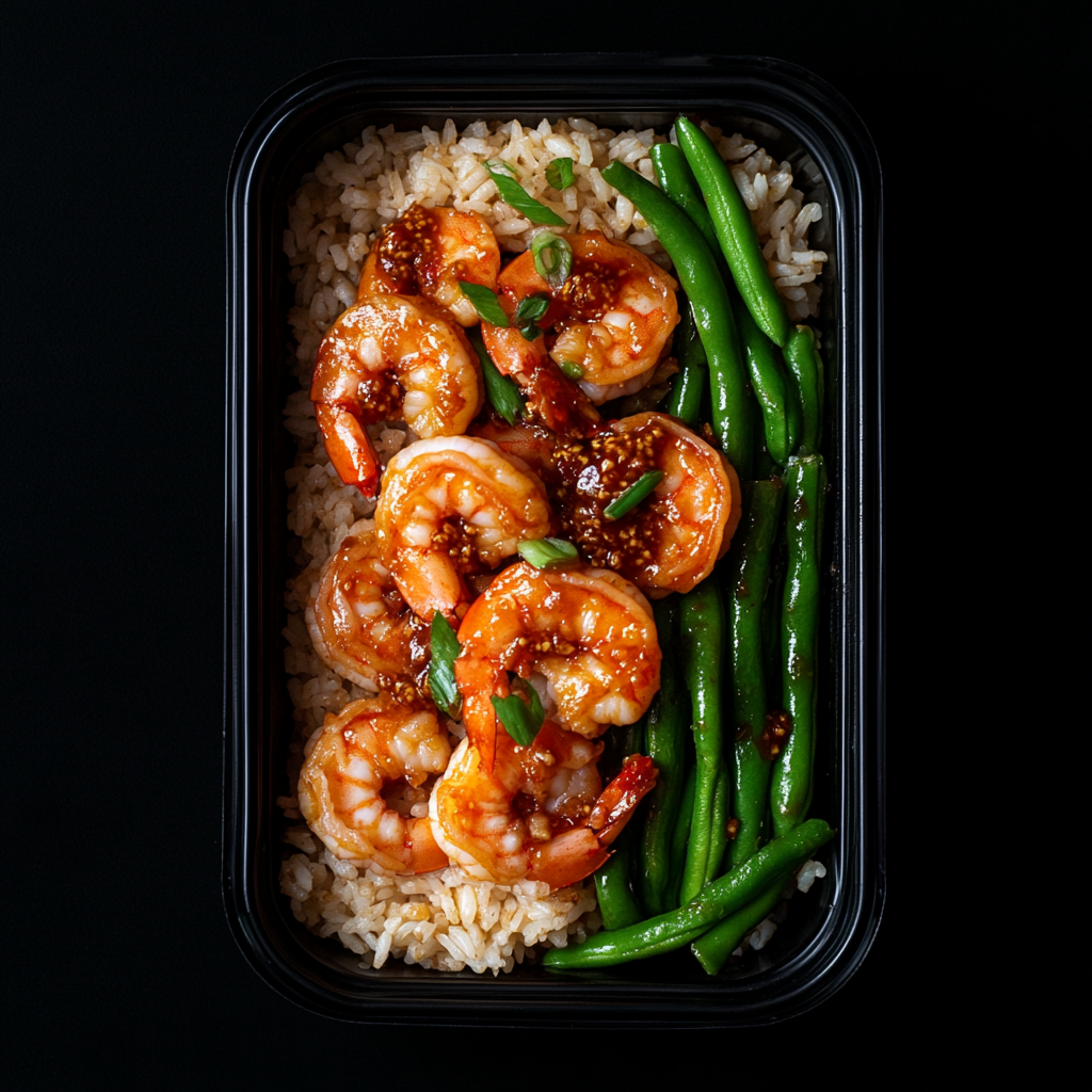 Thai Chili Shrimp over Soy Rice and Garlic Green Beans