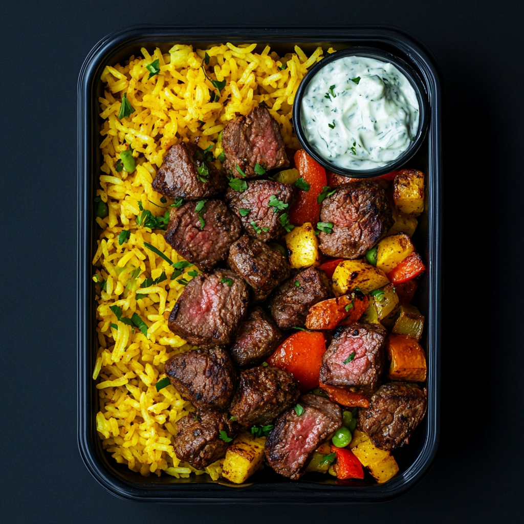 Steak Kebab Bites over Yellow Rice and Tzatziki Sauce