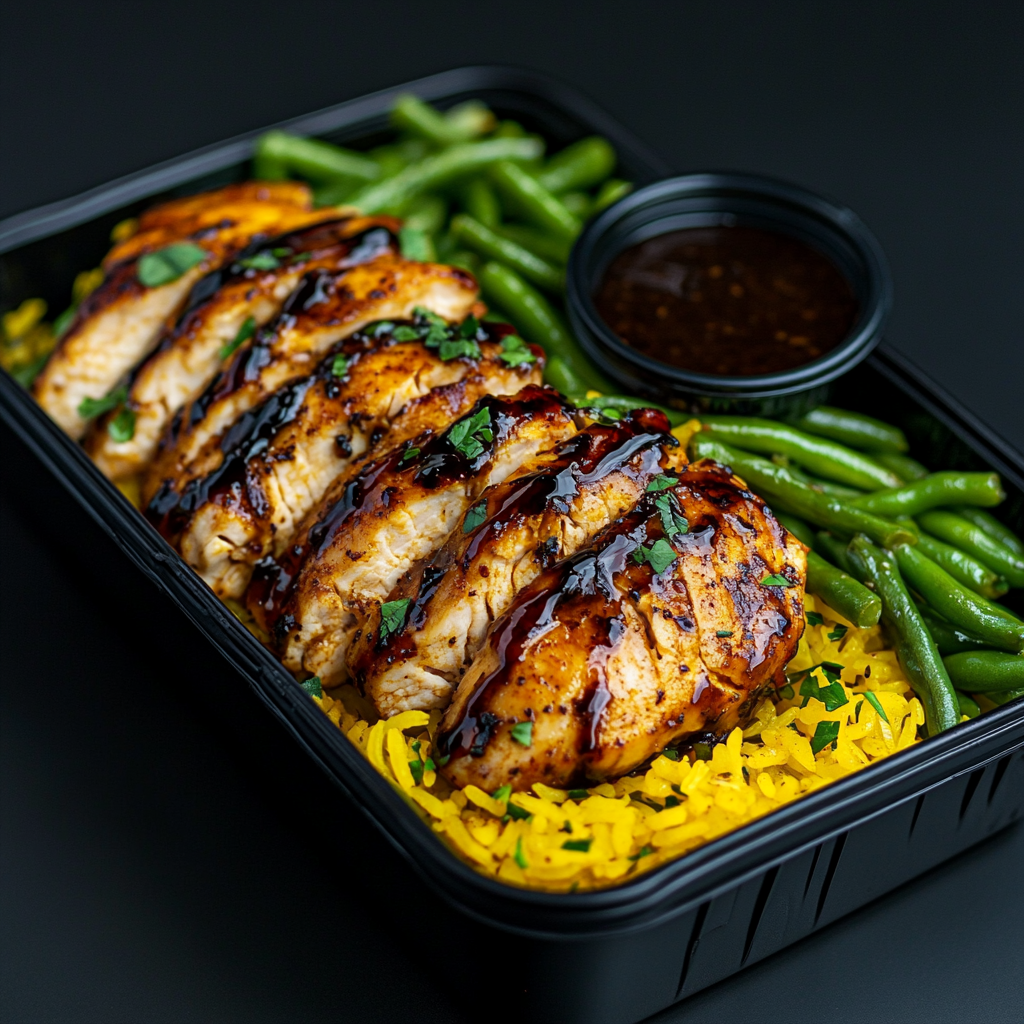 Balsamic Chicken over Lemon Herb Saffron Rice and Green Beans