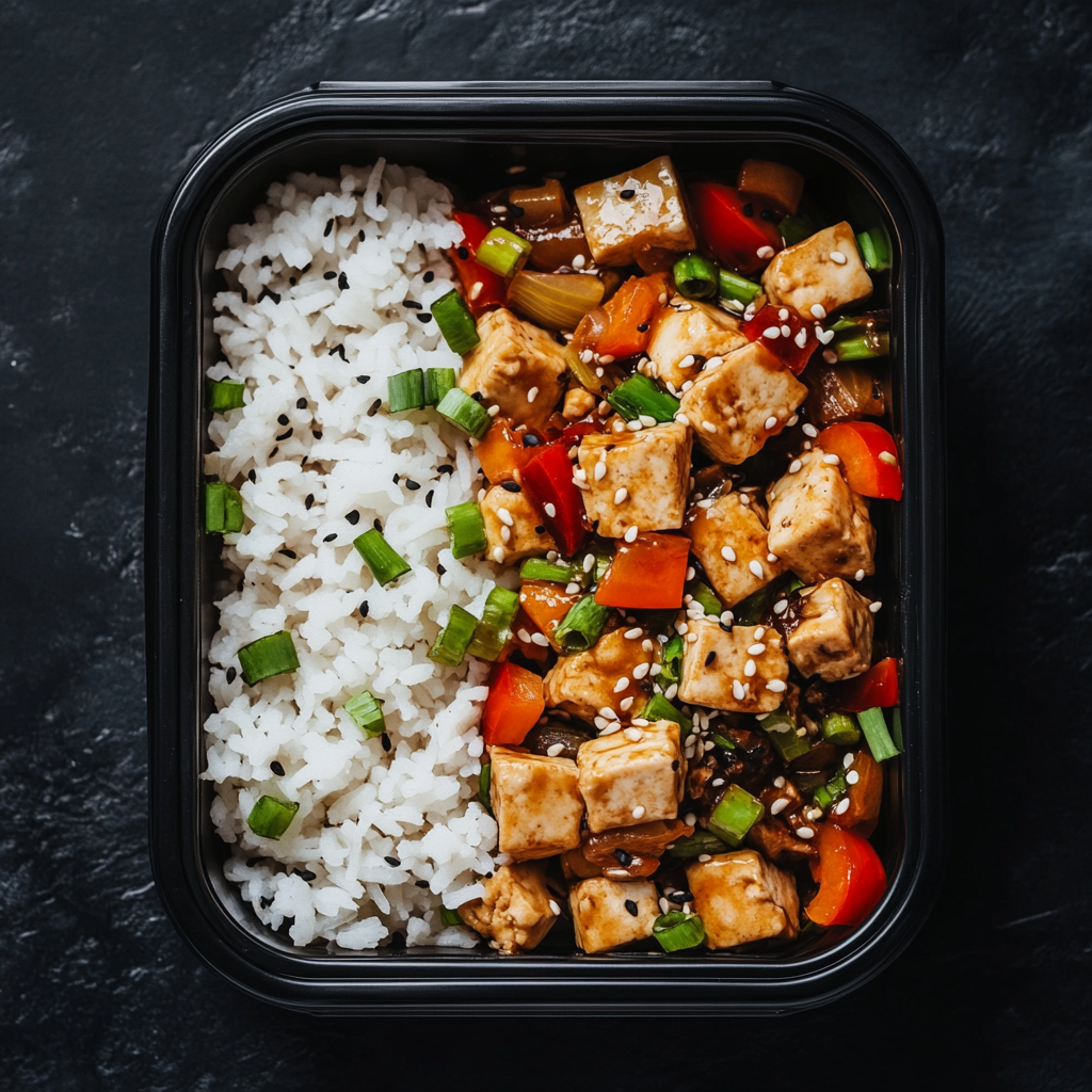 Tofu Stir Fry over White Rice and Vegetables
