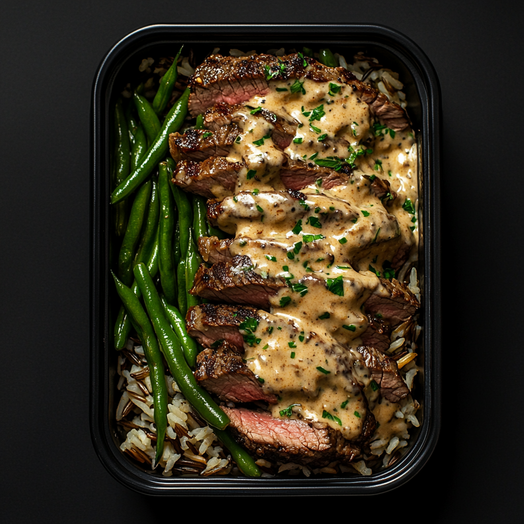 Garlic Cream Flank Steak Strips Paired with Green Beans over Wild Rice