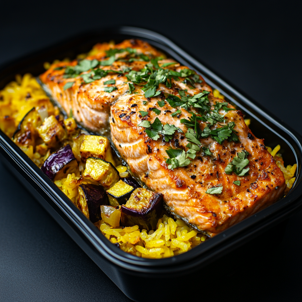 Greek Salmon over Saffron Rice and Roasted Vegetables