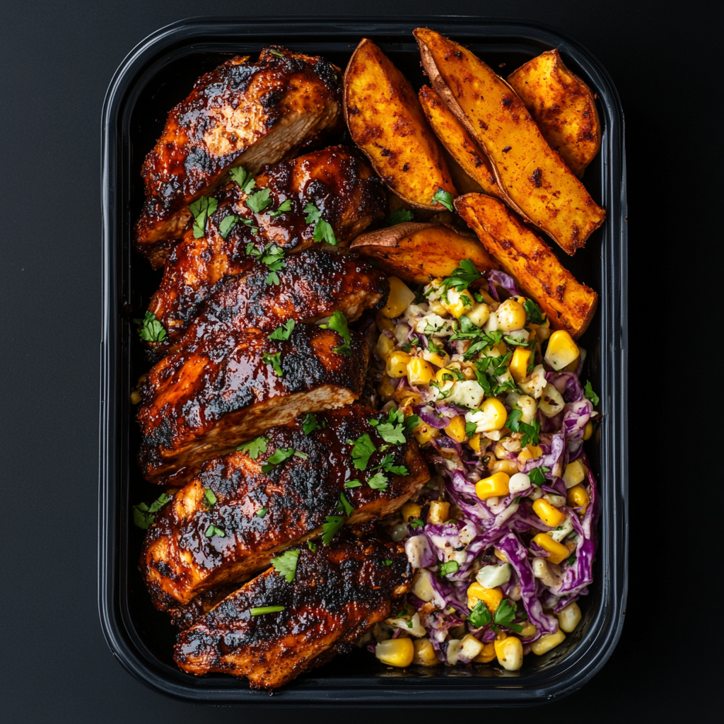 Jerk Chicken and Sweet Potatoes over Corn Slaw