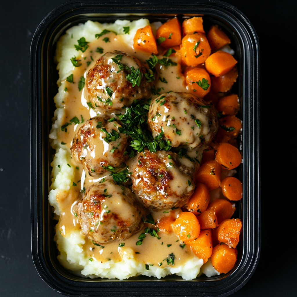Turkey Sage Meatballs over Mashed Potatoes and Carrots