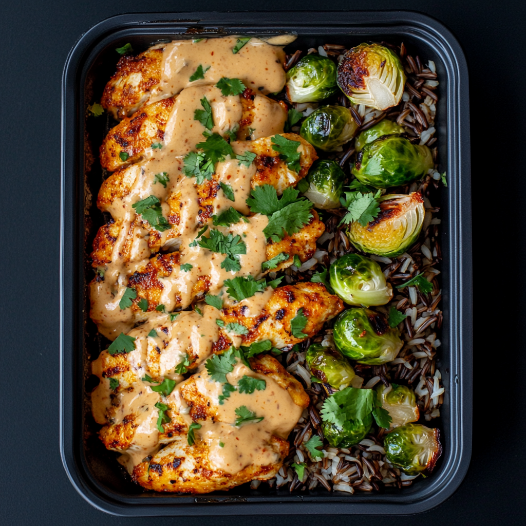 Garlic Peri Peri Chicken Strips over Wild Rice and Brussel Sprouts