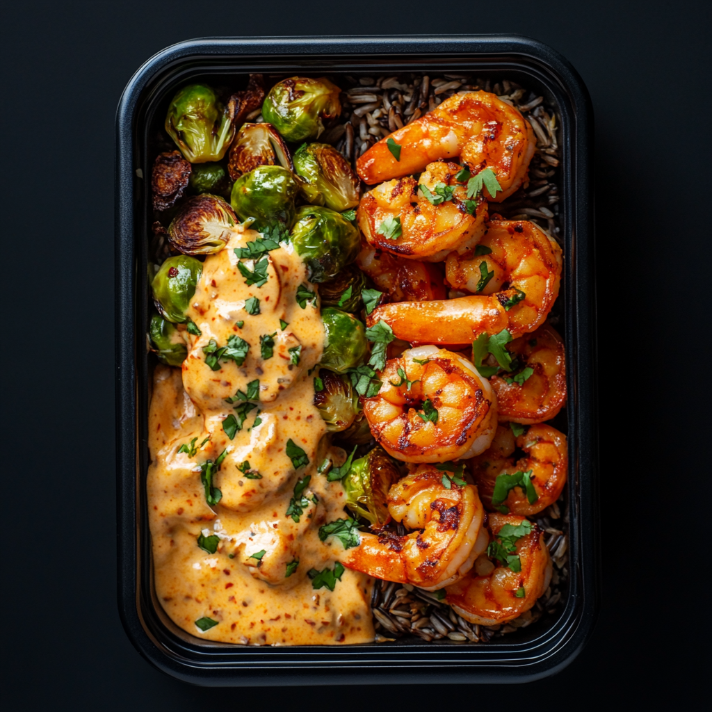 Garlic Peri Peri Shrimp over Wild Rice and Brussel Sprouts
