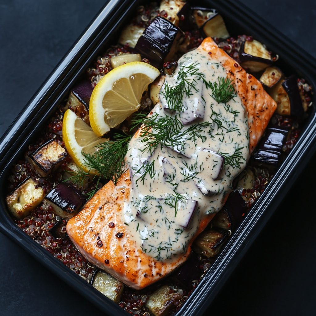 Salmon over Red Quinoa with a Lemon Dill Sauce and Eggplant