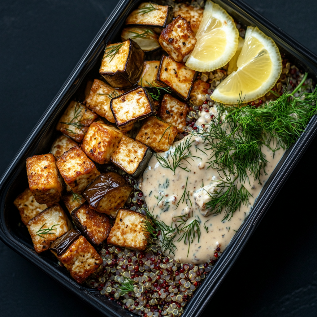 Tofu Bites over Red Quinoa with a Lemon Dill Sauce and Eggplant