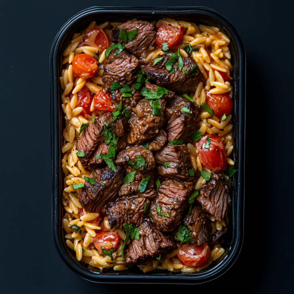 Steak Bites over Tomato Cajun Orzo