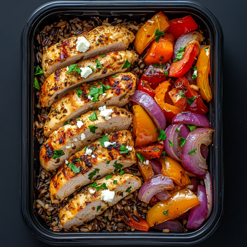 Greek Chicken Paired with Roasted Vegetables over Wild Rice