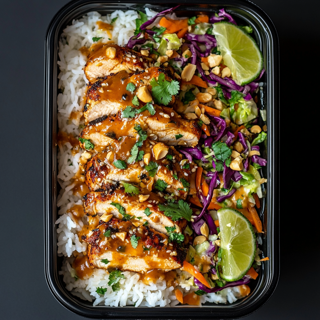 Peanut Braised Chicken over White Rice and Lime Carrot Cabbage