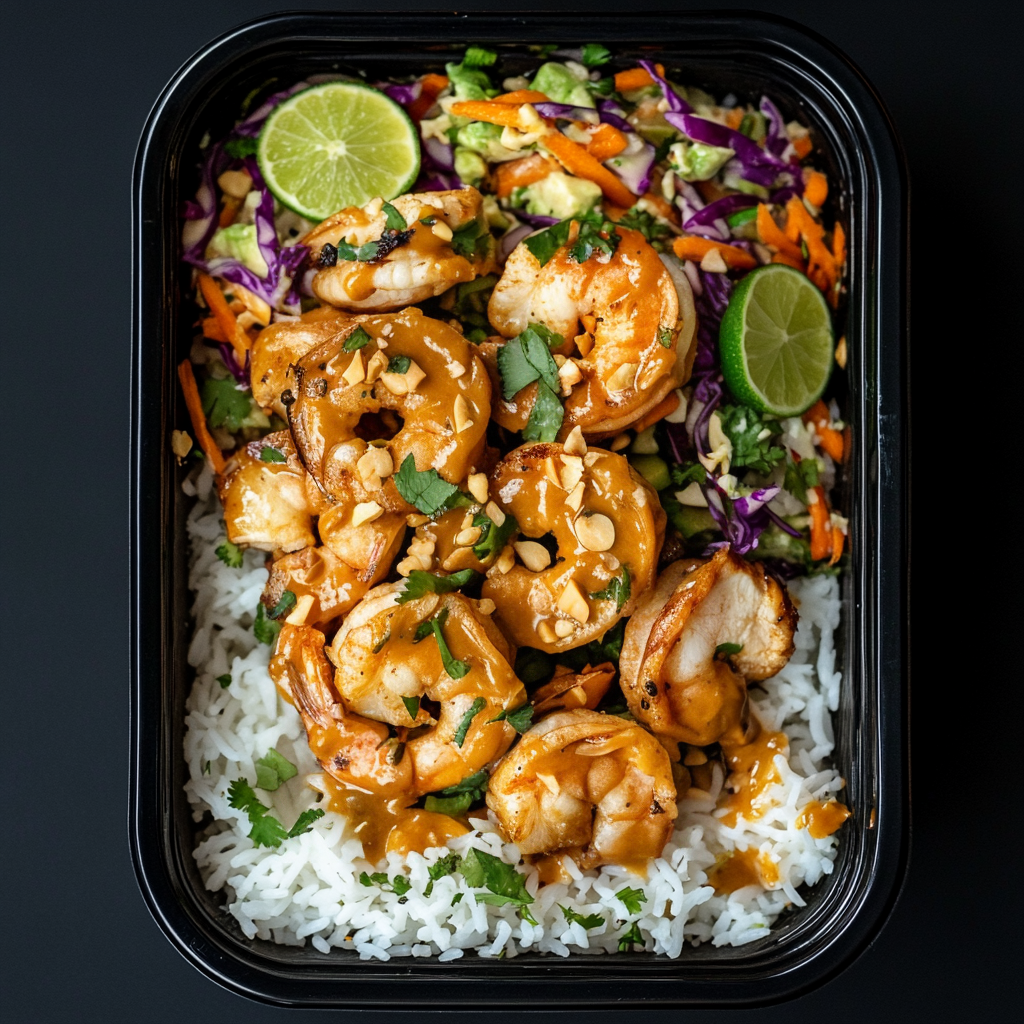 Peanut Shrimp over White Rice and Lime Carrot Cabbage