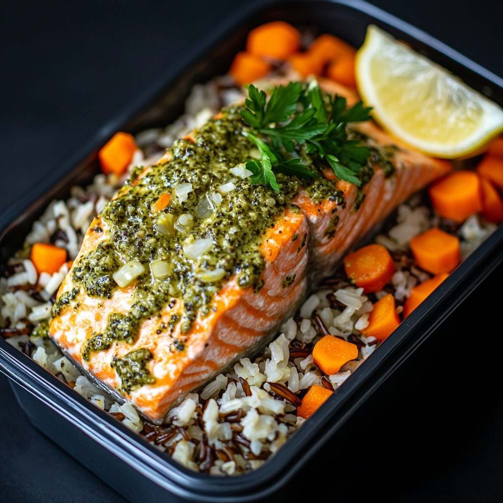 Creamy Pesto Salmon over Wild Rice and Diced Carrots