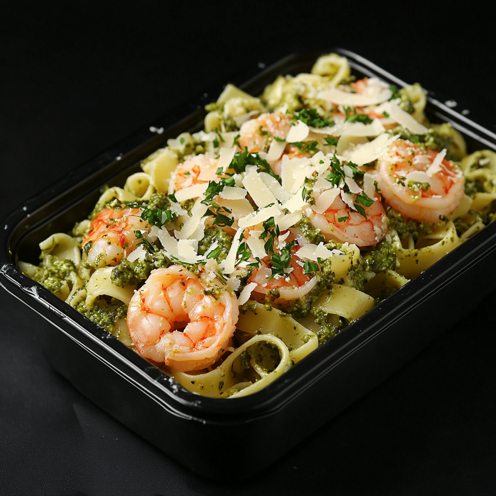 High Protein Creamy Pesto Shrimp Tagliatelle