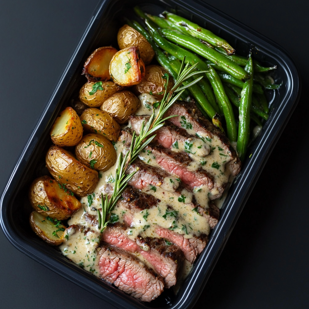 Creamy Rosemary Flank Steak Over Roasted Potatoes and Green Beans