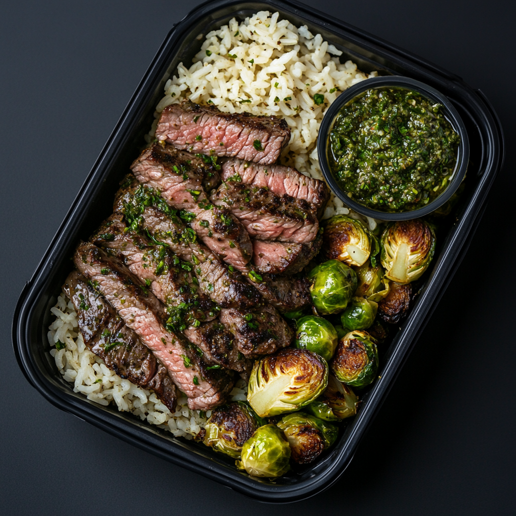Chimichurri Flank Steak Strips over Herb Rice and Brussel Sprouts