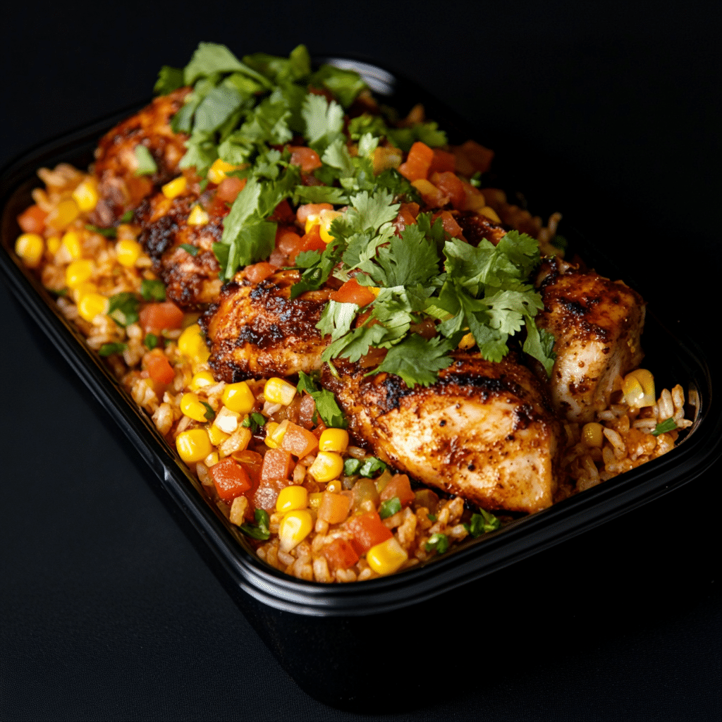 Jerk Chicken over Jambalaya Rice and Corn Salsa