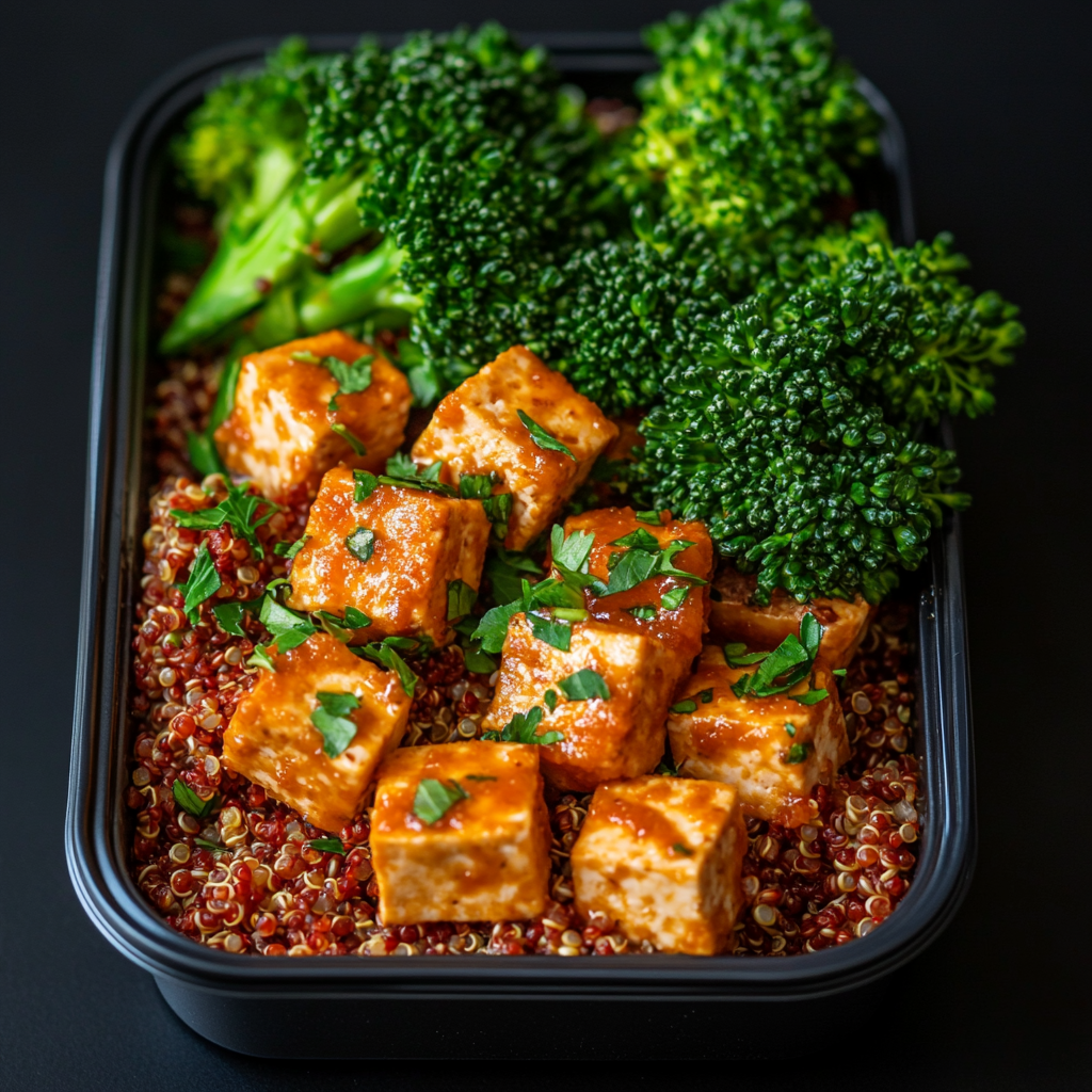 Tomato Goat Cheese Tofu Bites over Quinoa and Broccolini