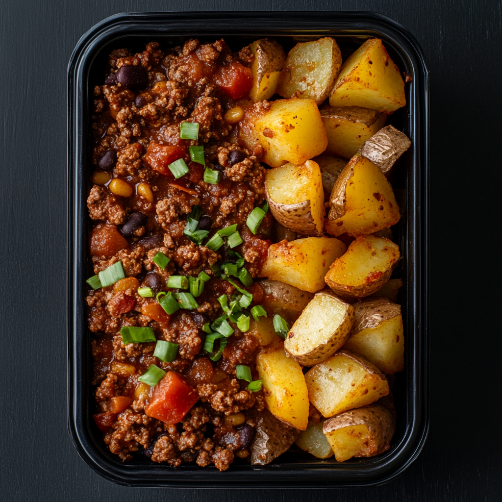 Ground Beef Tex Mex Chili over Roasted Potatoes