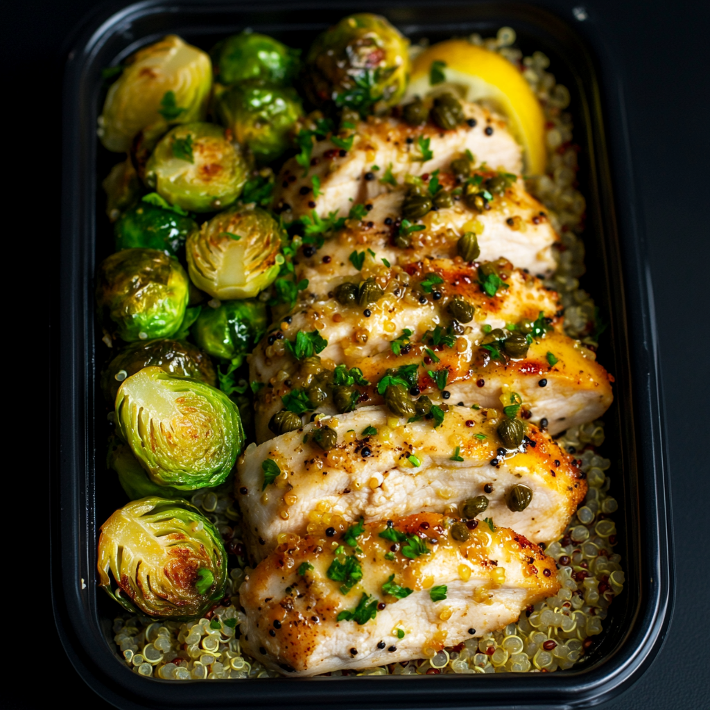 Lemon Caper Chicken over Quinoa and Brussel Sprouts