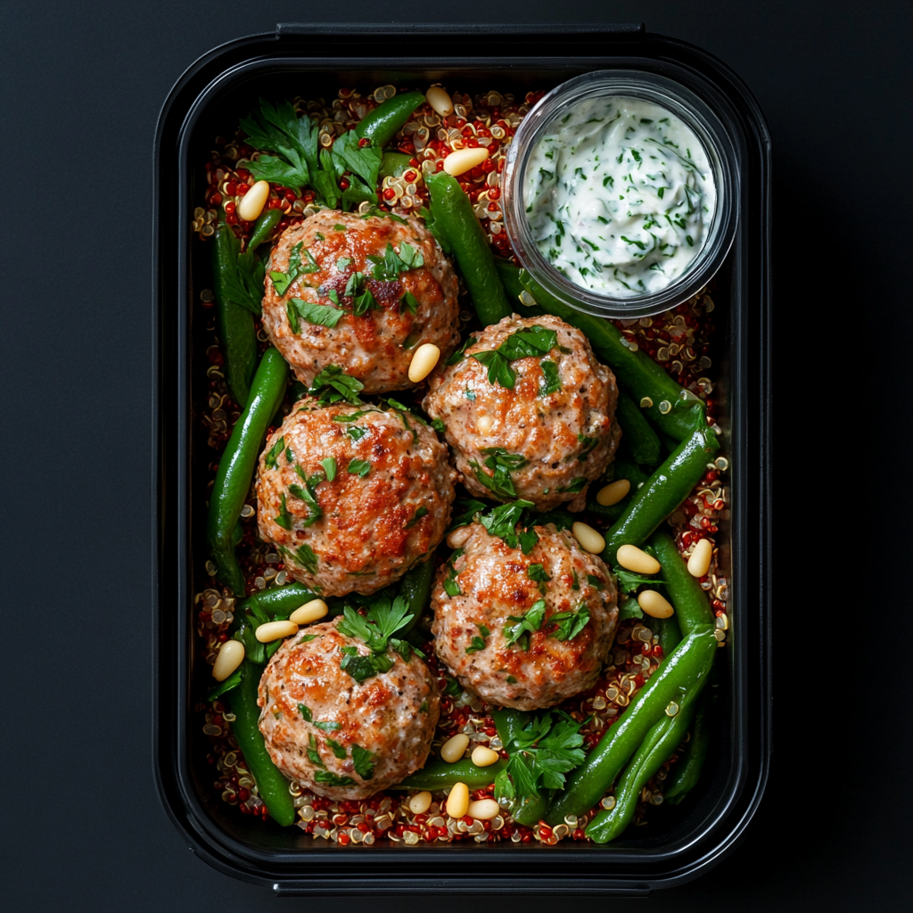 Greek Turkey Meatballs over Quinoa and Green Beans